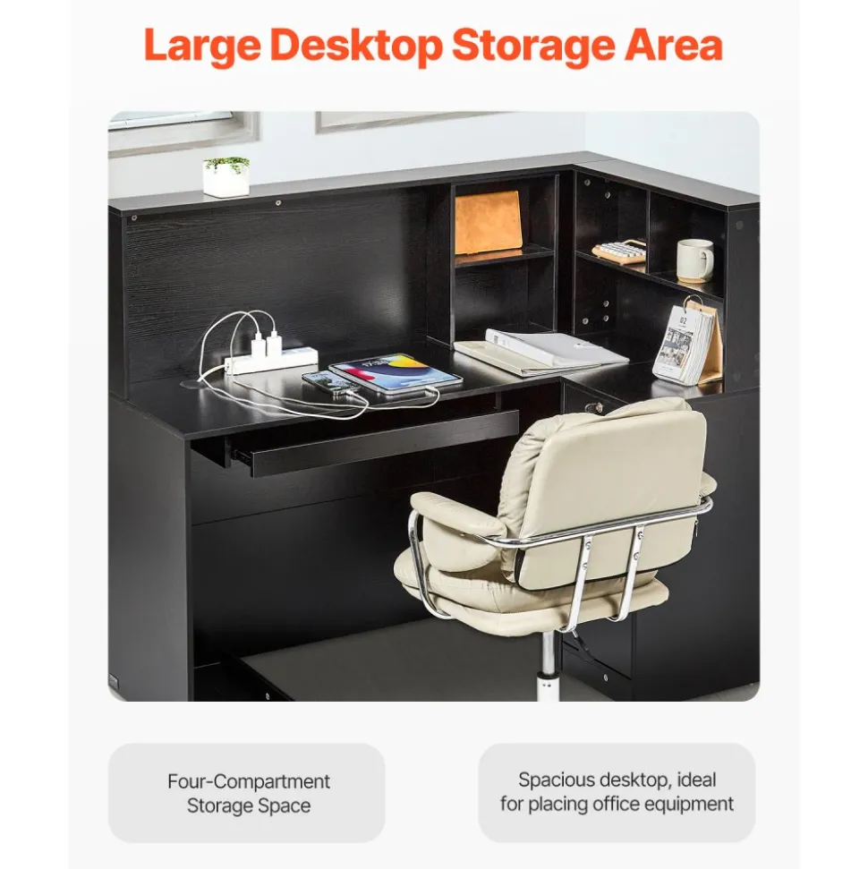 VEVOR Reception Desk, 55Inch L-Shaped Front Counter Table, Office Reception Counter with Drawer Keyboard Tray and Storage Cabinet, for Checkout, Lobby, Beauty Salon & Office, Black