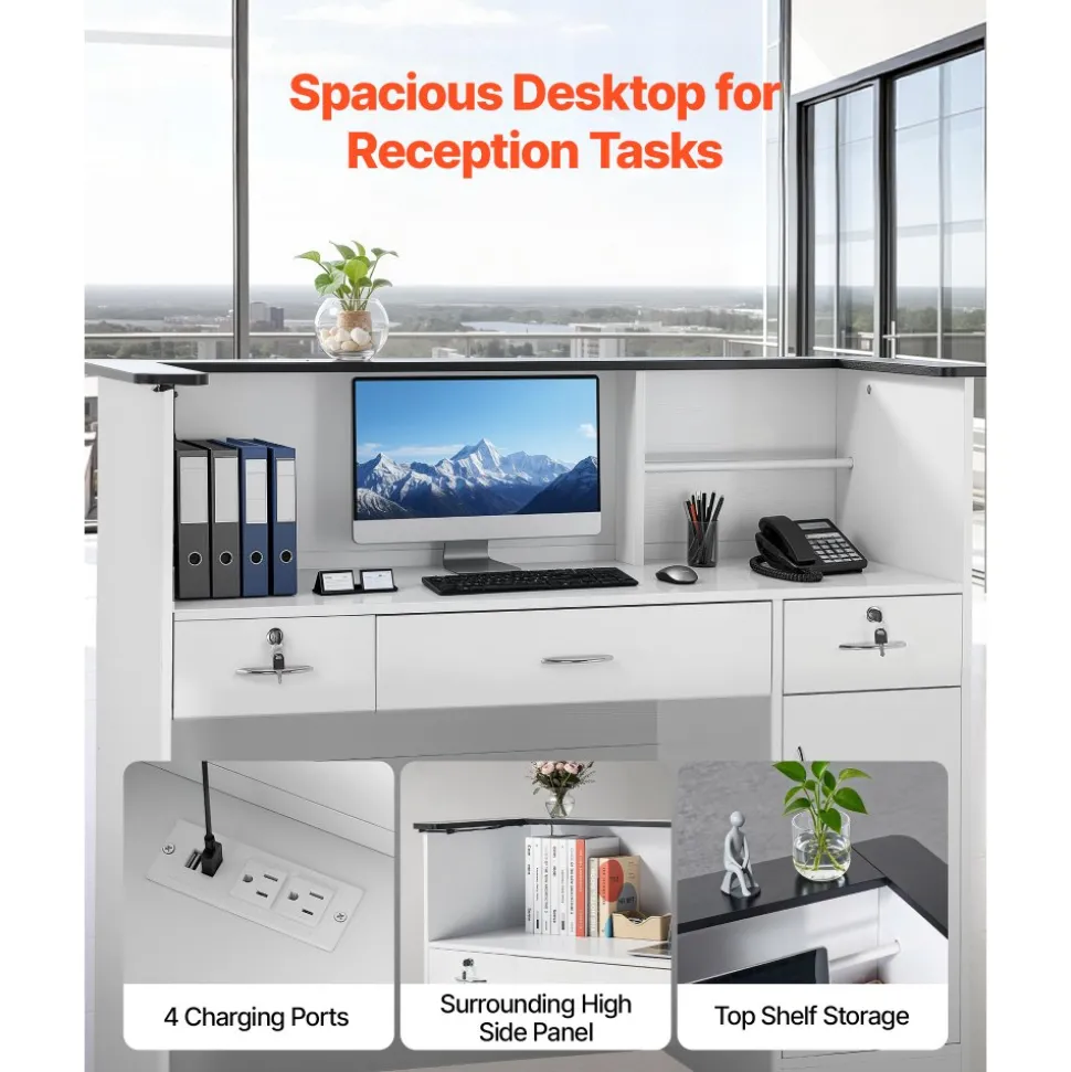 VEVOR Reception Desk, 50 inch Rectangular Front Counter Table, Modern Office Reception Desk with Light Strip, 3 Drawers & Storage Cabinets, Retail Counter Table for Checkout, Lobby, Salon, Office