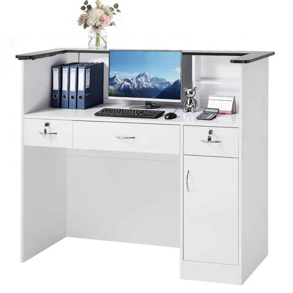 VEVOR Reception Desk, 50 inch Rectangular Front Counter Table, Modern Office Reception Desk with Light Strip, 3 Drawers & Storage Cabinets, Retail Counter Table for Checkout, Lobby, Salon, Office
