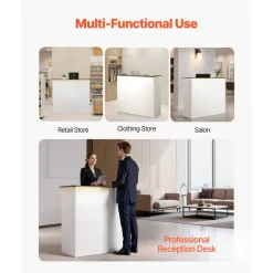 VEVOR Reception Desk, 50 inch Rectangular Front Counter Table, Modern Office Reception Desk with Light Strip, 3 Drawers & Storage Cabinets, Retail Counter Table for Checkout, Lobby, Salon, Office