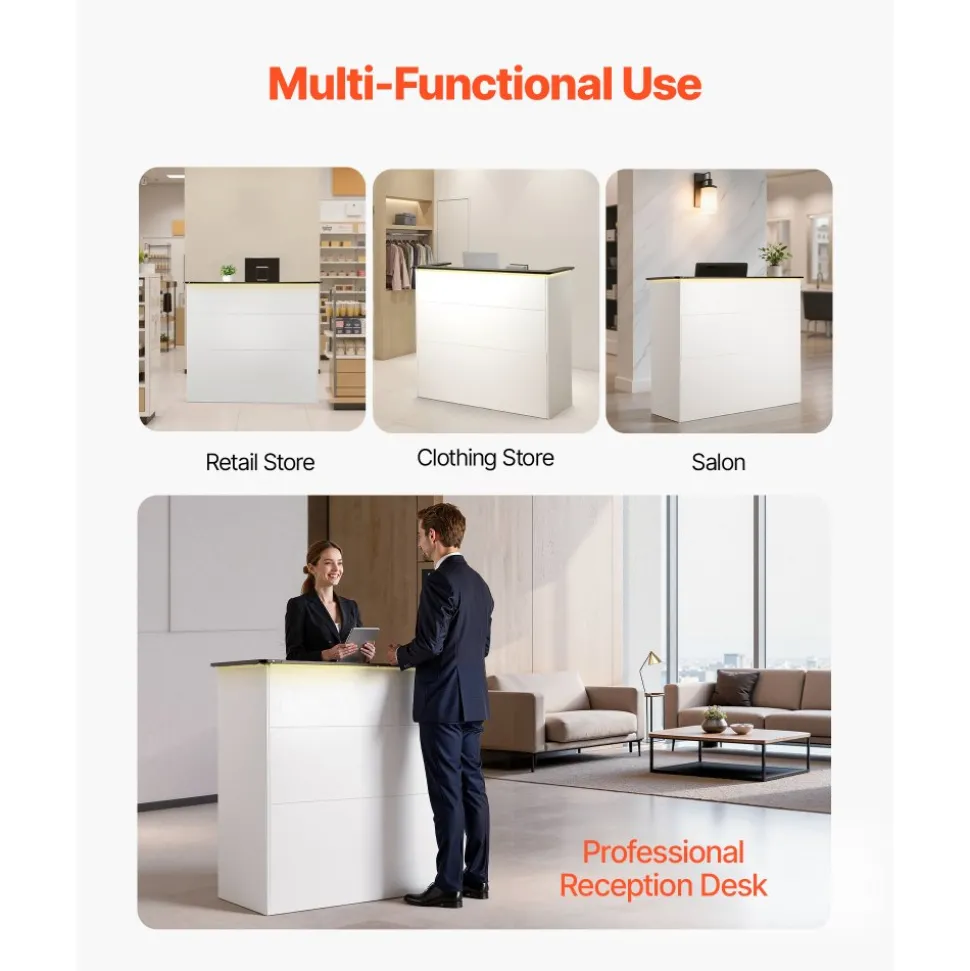 VEVOR Reception Desk, 50 inch Rectangular Front Counter Table, Modern Office Reception Desk with Light Strip, 3 Drawers & Storage Cabinets, Retail Counter Table for Checkout, Lobby, Salon, Office