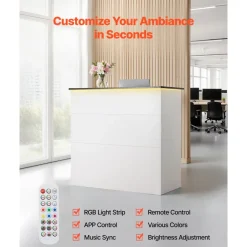 VEVOR Reception Desk, 50 inch Rectangular Front Counter Table, Modern Office Reception Desk with Light Strip, 3 Drawers & Storage Cabinets, Retail Counter Table for Checkout, Lobby, Salon, Office