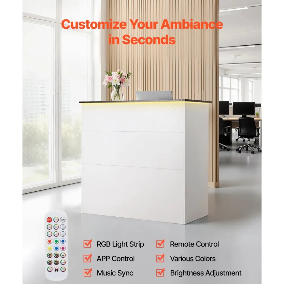 VEVOR Reception Desk, 50 inch Rectangular Front Counter Table, Modern Office Reception Desk with Light Strip, 3 Drawers & Storage Cabinets, Retail Counter Table for Checkout, Lobby, Salon, Office