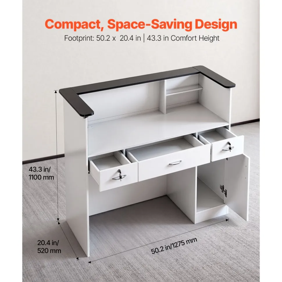 VEVOR Reception Desk, 50 inch Rectangular Front Counter Table, Modern Office Reception Desk with Light Strip, 3 Drawers & Storage Cabinets, Retail Counter Table for Checkout, Lobby, Salon, Office