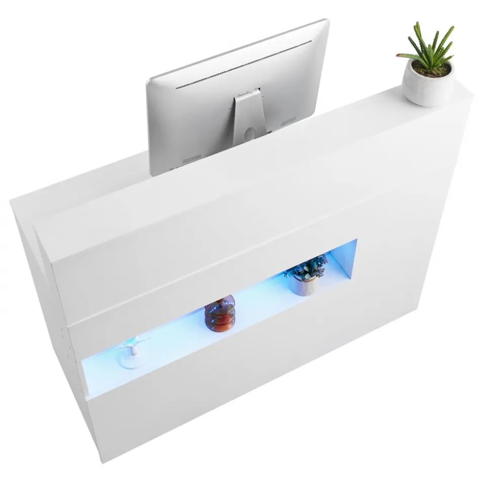 VEVOR Reception Desk, 47 Inch Rectangular Front Counter Table, Office Reception Desk with LED Light, 2 Drawers and Power Outlets, for Checkout, Lobby, Beauty Salon and Office, White
