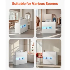 VEVOR Reception Desk, 47 Inch Rectangular Front Counter Table, Office Reception Desk with LED Light, 2 Drawers and Power Outlets, for Checkout, Lobby, Beauty Salon and Office, White