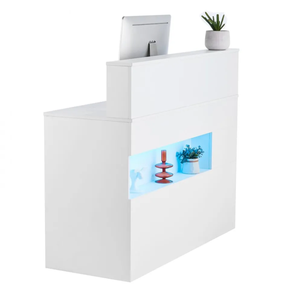 VEVOR Reception Desk, 47 Inch Rectangular Front Counter Table, Office Reception Desk with LED Light, 2 Drawers and Power Outlets, for Checkout, Lobby, Beauty Salon and Office, White