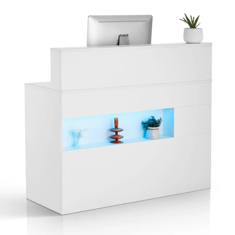 VEVOR Reception Desk, 47 Inch Rectangular Front Counter Table, Office Reception Desk with LED Light, 2 Drawers and Power Outlets, for Checkout, Lobby, Beauty Salon and Office, White