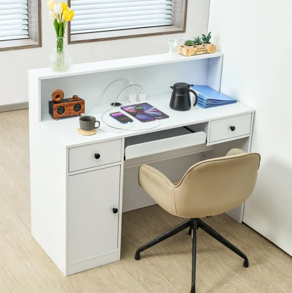 VEVOR Reception Desk, 47 Inch Rectangular Front Counter Table, Office Reception Desk with LED Light, 2 Drawers and Power Outlets, for Checkout, Lobby, Beauty Salon and Office, White