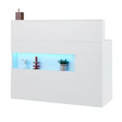 VEVOR Reception Desk, 47 Inch Rectangular Front Counter Table, Office Reception Desk with LED Light, 2 Drawers and Power Outlets, for Checkout, Lobby, Beauty Salon and Office, White