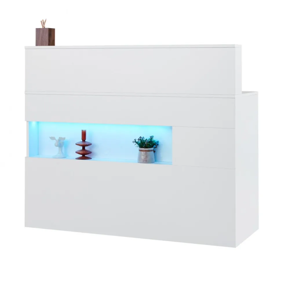 VEVOR Reception Desk, 47 Inch Rectangular Front Counter Table, Office Reception Desk with LED Light, 2 Drawers and Power Outlets, for Checkout, Lobby, Beauty Salon and Office, White
