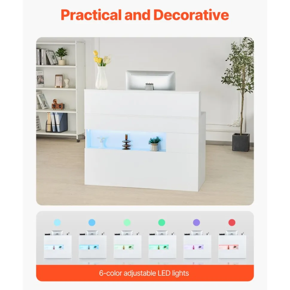 VEVOR Reception Desk, 47 Inch Rectangular Front Counter Table, Office Reception Desk with LED Light, 2 Drawers and Power Outlets, for Checkout, Lobby, Beauty Salon and Office, White