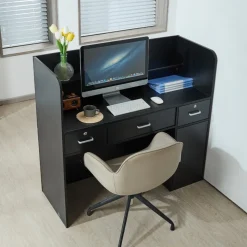 VEVOR Reception Desk, 47 Inch Rectangular Front Counter Table, Office Reception Counter with Lockable Drawer and Storage Cabinet, for Checkout, Lobby, Beauty Salon and Office, Black