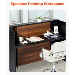 VEVOR Reception Desk, 62 Inch Rectangular Front Counter Table, Office Reception Desk Front Retail Counter with LED Light, for Checkout, Lobby, Beauty Salon and Office, Black & Brown