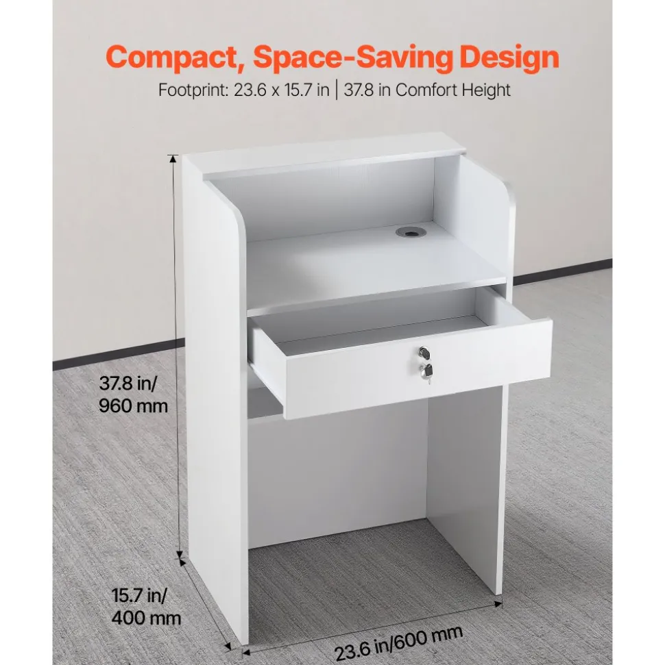 VEVOR Reception Desk, 23.6 inch Rectangular Front Counter Table, Modern Office Reception Desk with Drawer, Small Minimalist Retail Counter Table for Checkout, Lobby, Beauty Salon and Office, White