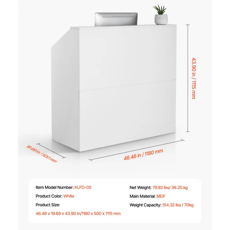 VEVOR Reception Desk, 46 Inch Rectangular Front Counter Table, Office Reception Desk, Retail Counter and Front Reception Counter, for Checkout, Lobby, Beauty Salon and Office, White
