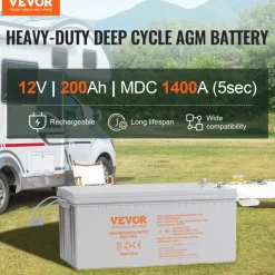 VEVOR Rechargeable AGM Marine Battery, 12V 200 AH, Designed for RV Solar Marine Off-Grid Use, UPS Backup, with a Self-Discharge Rate, 1400A Current