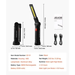 VEVOR Rechargeable LED Work Light, 1200 mAh, Magnetic Mechanic Flashlight with Magnetic Base, 360° Rotation, 5 Lighting Modes, Foldable Grill Lamp for Mechanics, Car Repairs, Home, Emergency (2 Pack)