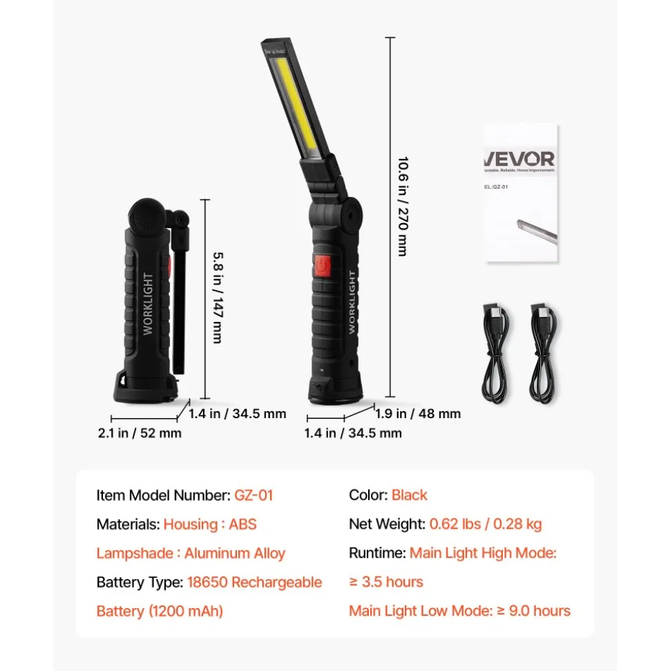 VEVOR Rechargeable LED Work Light, 1200 mAh, Magnetic Mechanic Flashlight with Magnetic Base, 360° Rotation, 5 Lighting Modes, Foldable Grill Lamp for Mechanics, Car Repairs, Home, Emergency (2 Pack)