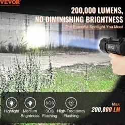 VEVOR Rechargeable Spotlight Flashlight, 200,000 Lumens, IP67 Waterproof Handheld LED Spot Light, Super Bright Portable Searchlight with 4 Modes Detachable Lens USB Port, for Hunting Boating Camping