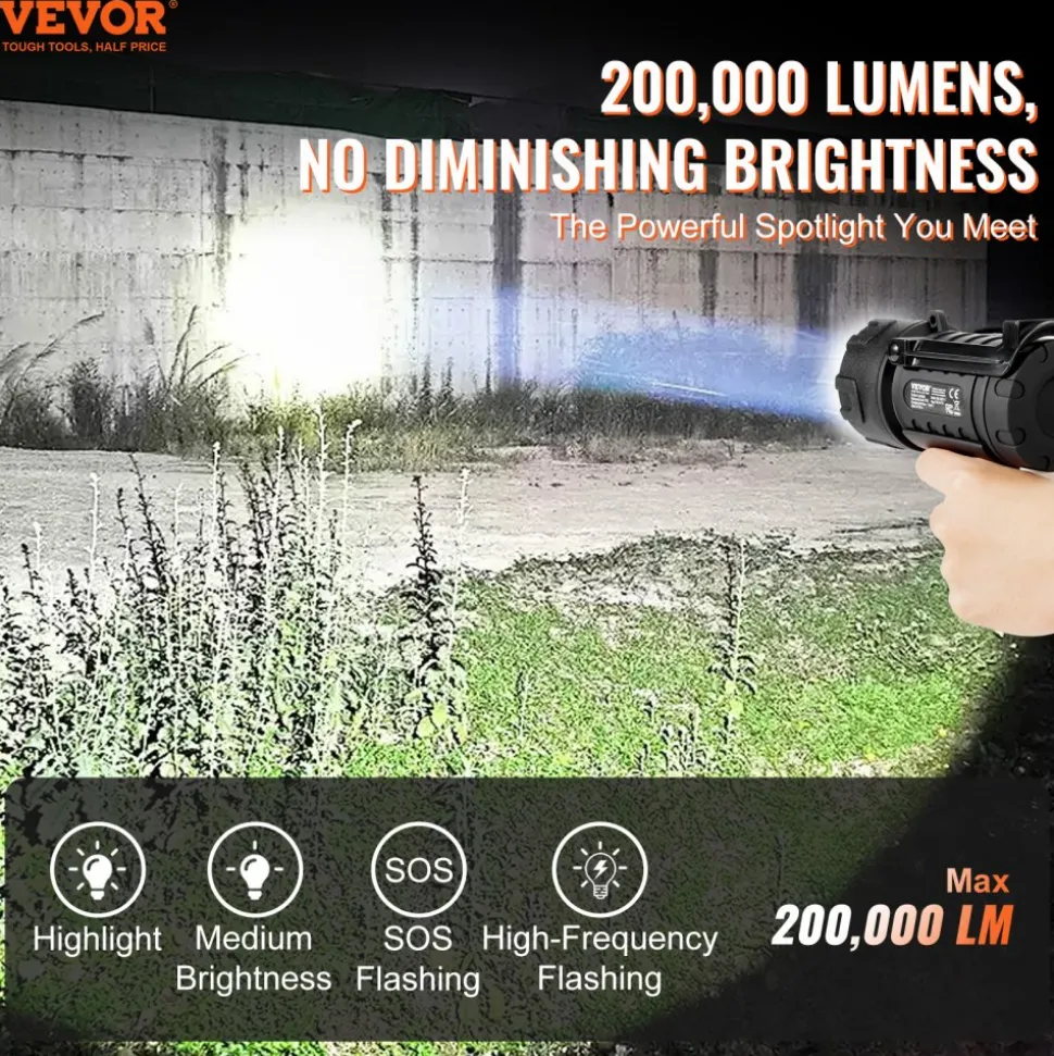 VEVOR Rechargeable Spotlight Flashlight, 200,000 Lumens, IP67 Waterproof Handheld LED Spot Light, Super Bright Portable Searchlight with 4 Modes Detachable Lens USB Port, for Hunting Boating Camping