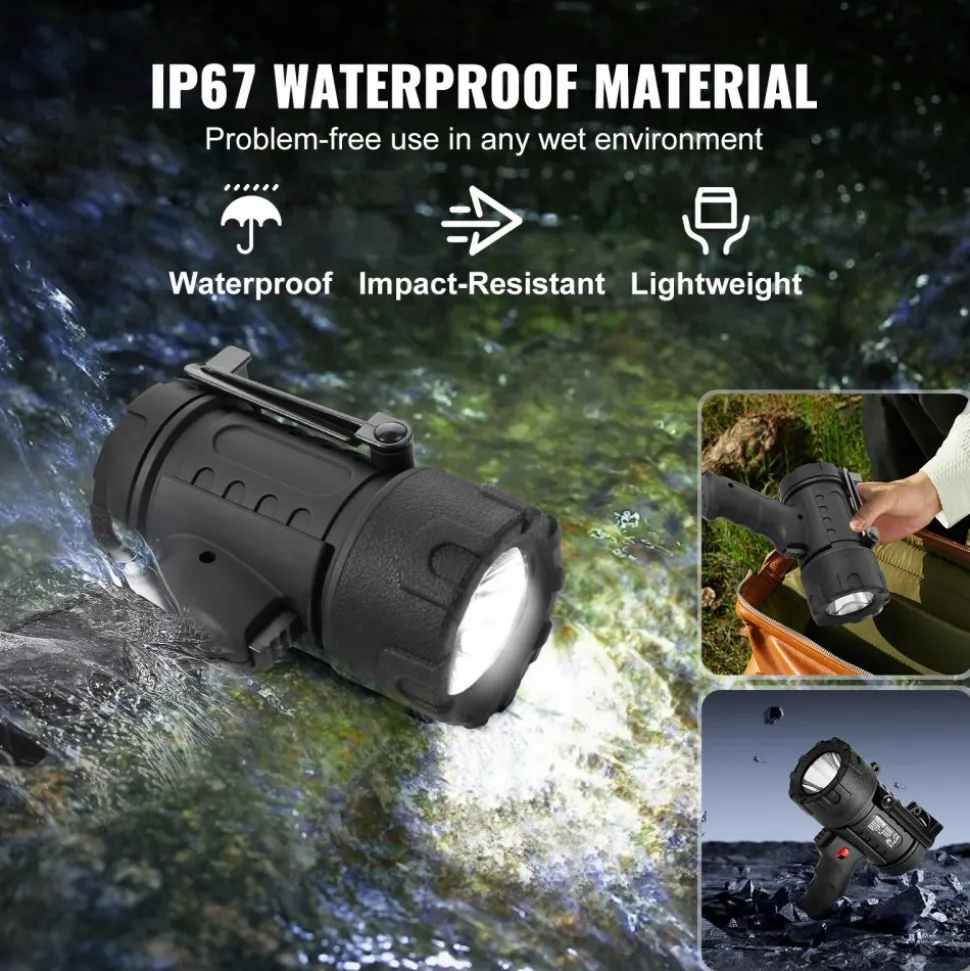 VEVOR Rechargeable Spotlight Flashlight, 200,000 Lumens, IP67 Waterproof Handheld LED Spot Light, Super Bright Portable Searchlight with 4 Modes Detachable Lens USB Port, for Hunting Boating Camping