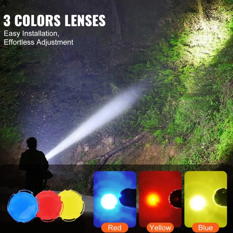 VEVOR Rechargeable Spotlight Flashlight, 200,000 Lumens, IP67 Waterproof Handheld LED Spot Light, Super Bright Portable Searchlight with 4 Modes Detachable Lens USB Port, for Hunting Boating Camping