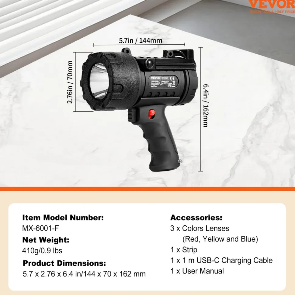 VEVOR Rechargeable Spotlight Flashlight, 200,000 Lumens, IP67 Waterproof Handheld LED Spot Light, Super Bright Portable Searchlight with 4 Modes Detachable Lens USB Port, for Hunting Boating Camping