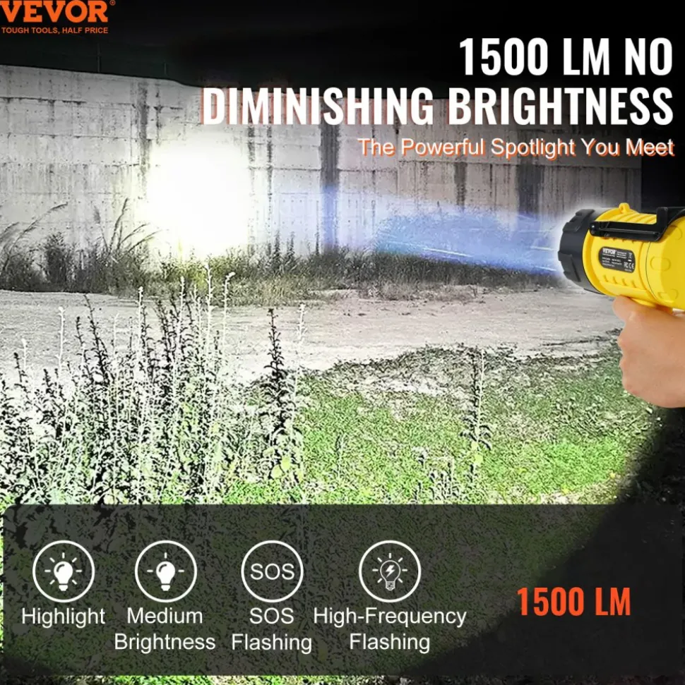 VEVOR Rechargeable Spotlight Flashlight, 1000,000 Lumens, IP67 Waterproof Handheld LED Spot Light, Super Bright Portable Searchlight with 4 Modes Detachable Lens USB Port, for Hunting Boating Camping