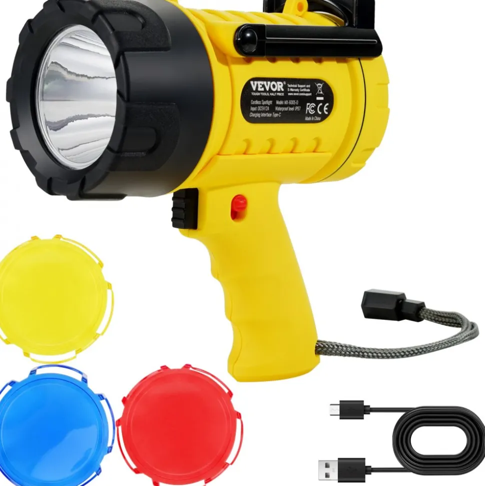 VEVOR Rechargeable Spotlight Flashlight, 1000,000 Lumens, IP67 Waterproof Handheld LED Spot Light, Super Bright Portable Searchlight with 4 Modes Detachable Lens USB Port, for Hunting Boating Camping