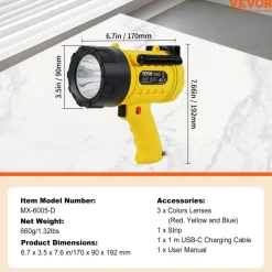 VEVOR Rechargeable Spotlight Flashlight, 1000,000 Lumens, IP67 Waterproof Handheld LED Spot Light, Super Bright Portable Searchlight with 4 Modes Detachable Lens USB Port, for Hunting Boating Camping