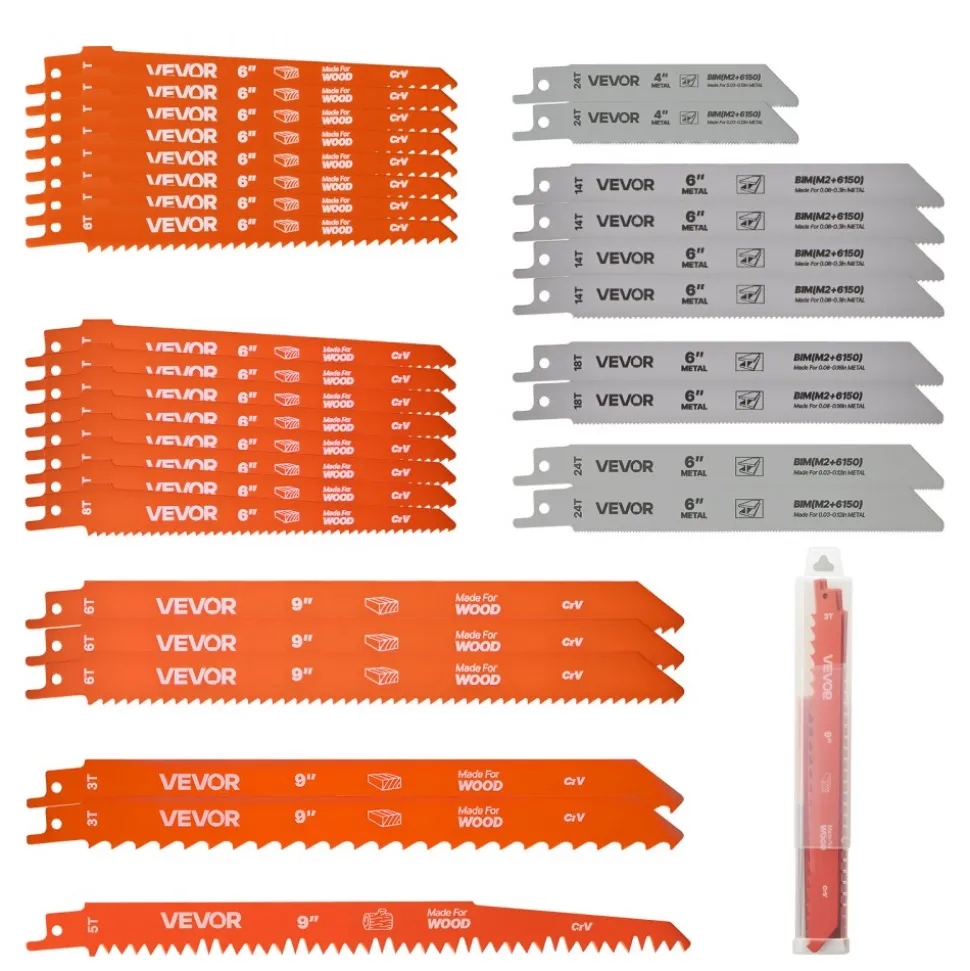 VEVOR Reciprocating Saw Blades, 32-Piece, Various Sizes Bi-Metal Reciprocating Saw Blade Set with Universal Shank, for Metal and Wood Cutting, Sharp Teeth for Fast and Smooth Cuts, Orange and Gray