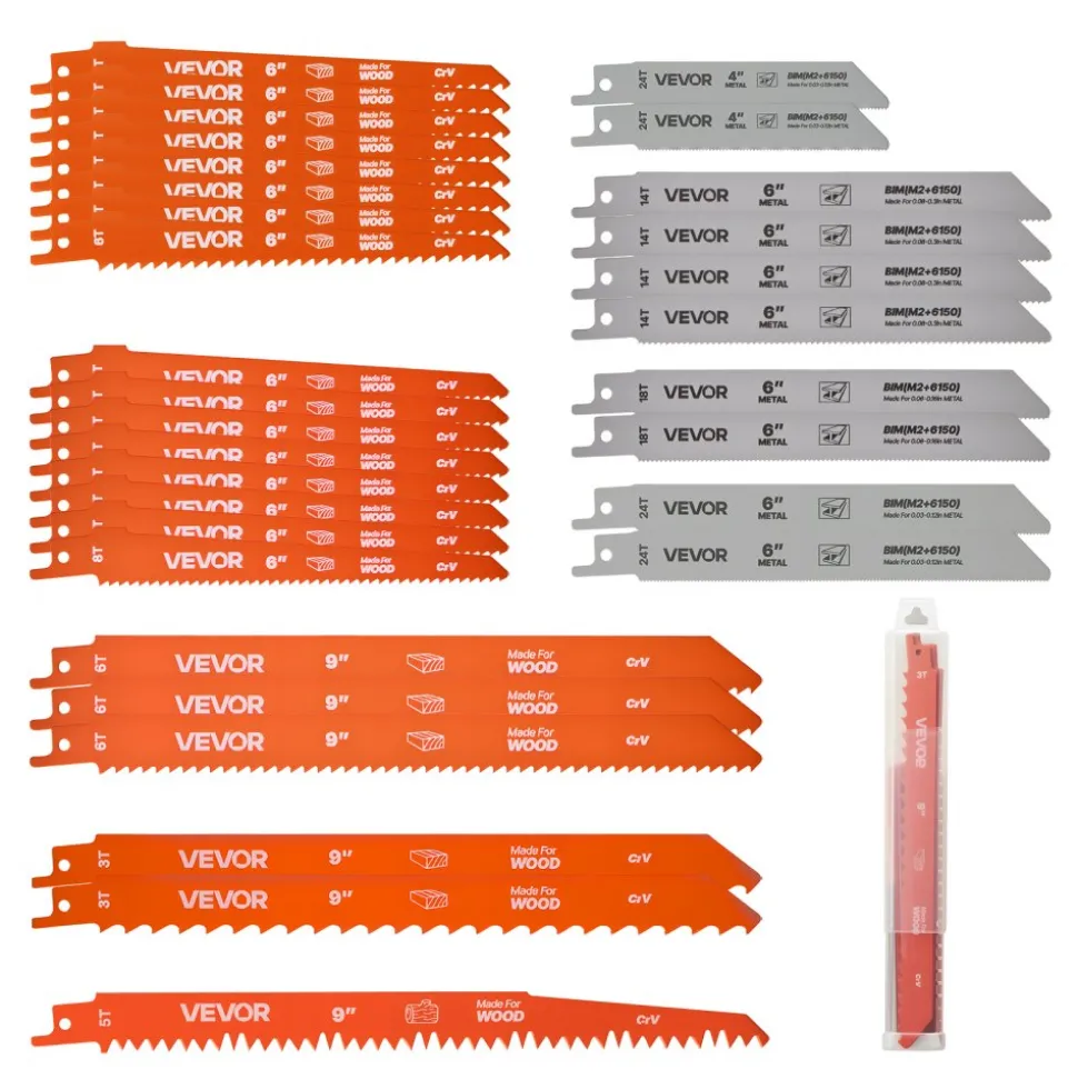 VEVOR Reciprocating Saw Blades, 32-Piece, Various Sizes Bi-Metal Reciprocating Saw Blade Set with Universal Shank, for Metal and Wood Cutting, Sharp Teeth for Fast and Smooth Cuts, Orange and Gray