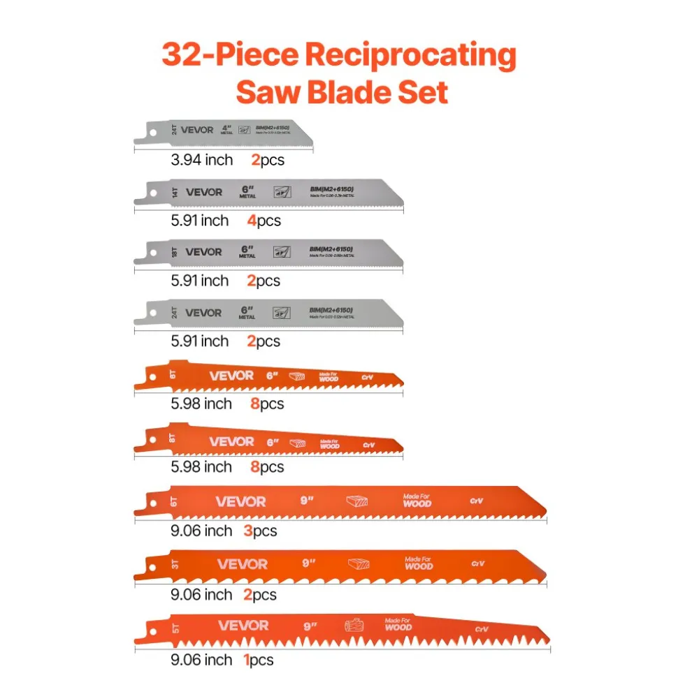 VEVOR Reciprocating Saw Blades, 32-Piece, Various Sizes Bi-Metal Reciprocating Saw Blade Set with Universal Shank, for Metal and Wood Cutting, Sharp Teeth for Fast and Smooth Cuts, Orange and Gray