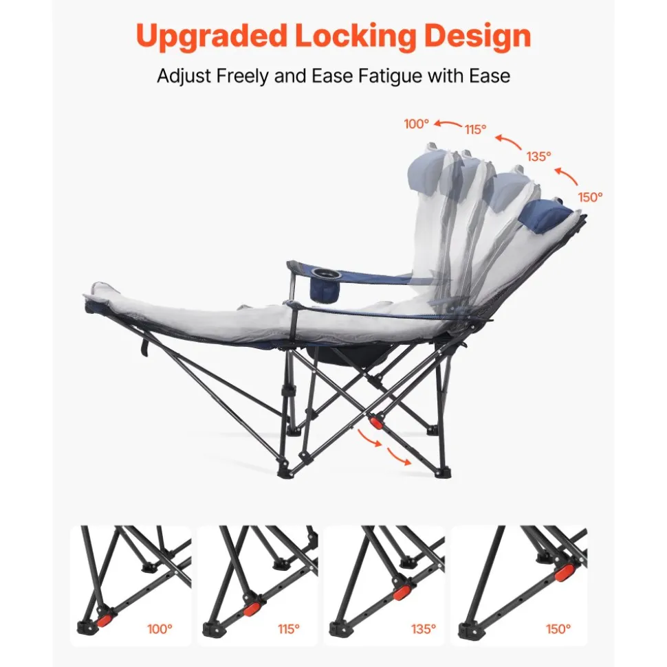 VEVOR Reclining Camping Chair, 4 Adjustable Positions, Portable Folding Lounger for Adults, Mesh Beach Chair with Footrest & Plush Cushion, Supports 220 lbs, Heavy Duty Camp Chairs for Patio, Blue