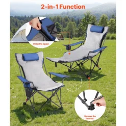 VEVOR Reclining Camping Chair, 4 Adjustable Positions, Portable Folding Lounger for Adults, Mesh Beach Chair with Footrest & Plush Cushion, Supports 220 lbs, Heavy Duty Camp Chairs for Patio, Blue