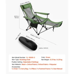 VEVOR Reclining Camping Chair, 4 Adjustable Positions, Portable Folding Lounger for Adults, Mesh Beach Chair with Headrest & Foot Rest, Supports 220 lbs, Heavy Duty Camp Chairs for Patio, Green