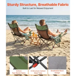 VEVOR Reclining Camping Chair, 4 Adjustable Positions, Portable Folding Lounger for Adults, Mesh Beach Chair with Headrest & Foot Rest, Supports 220 lbs, Heavy Duty Camp Chairs for Patio, Green