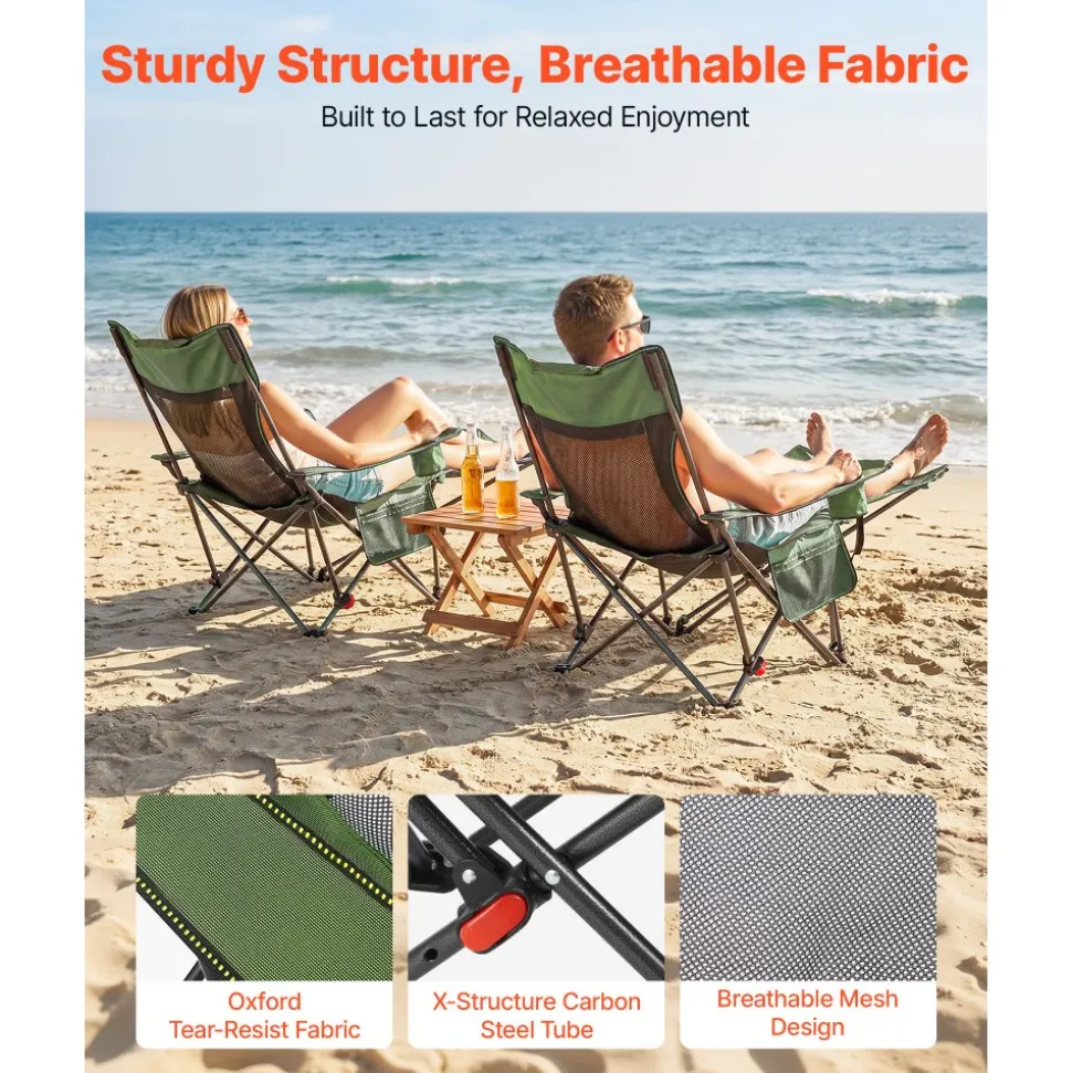 VEVOR Reclining Camping Chair, 4 Adjustable Positions, Portable Folding Lounger for Adults, Mesh Beach Chair with Headrest & Foot Rest, Supports 220 lbs, Heavy Duty Camp Chairs for Patio, Green