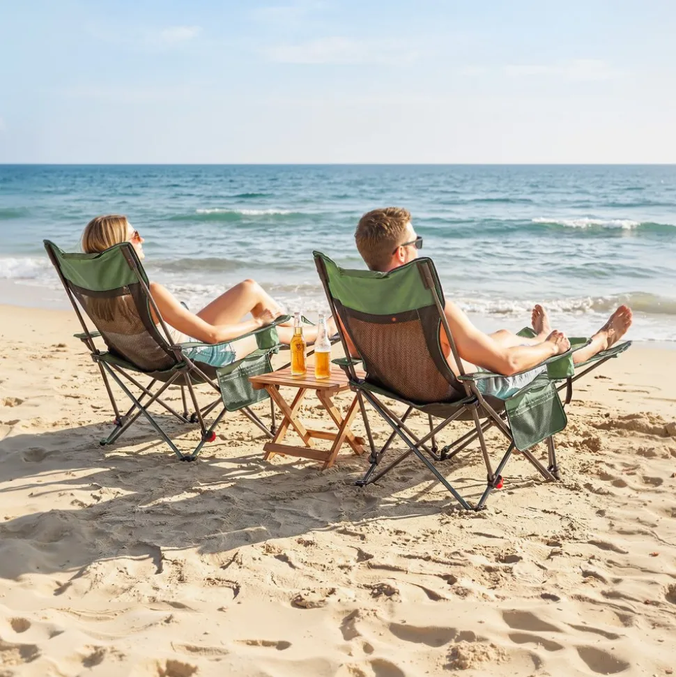 VEVOR Reclining Camping Chair, 4 Adjustable Positions, Portable Folding Lounger for Adults, Mesh Beach Chair with Headrest & Foot Rest, Supports 220 lbs, Heavy Duty Camp Chairs for Patio, Green