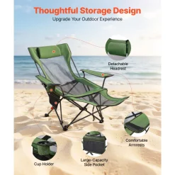 VEVOR Reclining Camping Chair, 4 Adjustable Positions, Portable Folding Lounger for Adults, Mesh Beach Chair with Headrest & Foot Rest, Supports 220 lbs, Heavy Duty Camp Chairs for Patio, Green