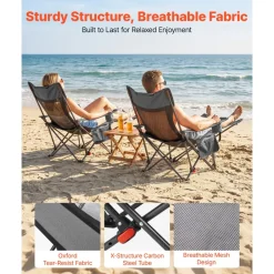 VEVOR Reclining Camping Chair, 4 Adjustable Positions, Portable Folding Lounger for Adults, Mesh Beach Chair with Headrest & Foot Rest, Supports 220 lbs, Heavy Duty Camp Chairs for Patio, Gray