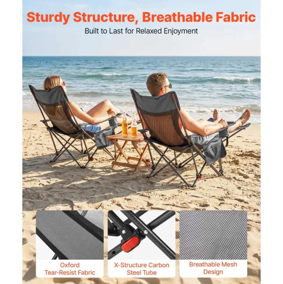 VEVOR Reclining Camping Chair, 4 Adjustable Positions, Portable Folding Lounger for Adults, Mesh Beach Chair with Headrest & Foot Rest, Supports 220 lbs, Heavy Duty Camp Chairs for Patio, Gray