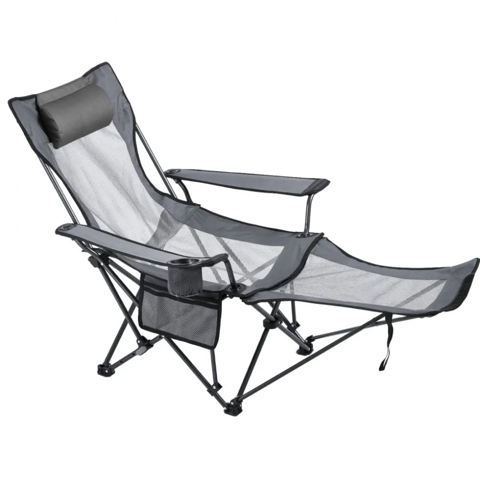 VEVOR Reclining Camping Chair, 4 Adjustable Positions, Portable Folding Lounger for Adults, Mesh Beach Chair with Headrest & Foot Rest, Supports 220 lbs, Heavy Duty Camp Chairs for Patio, Gray