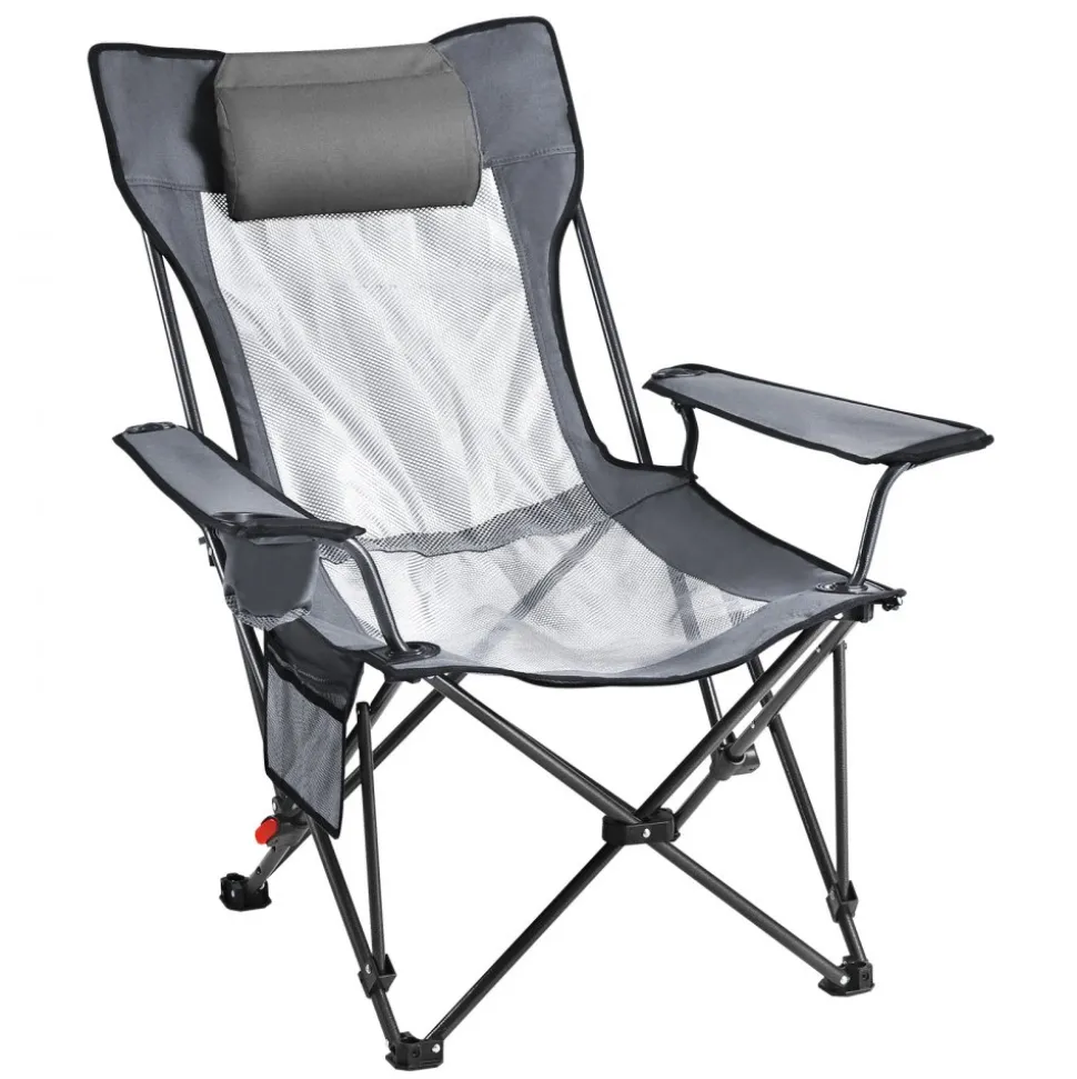 VEVOR Reclining Camping Chair, 4 Adjustable Positions, Portable Folding Lounger for Adults, Mesh Beach Chair with Headrest & Foot Rest, Supports 220 lbs, Heavy Duty Camp Chairs for Patio, Gray