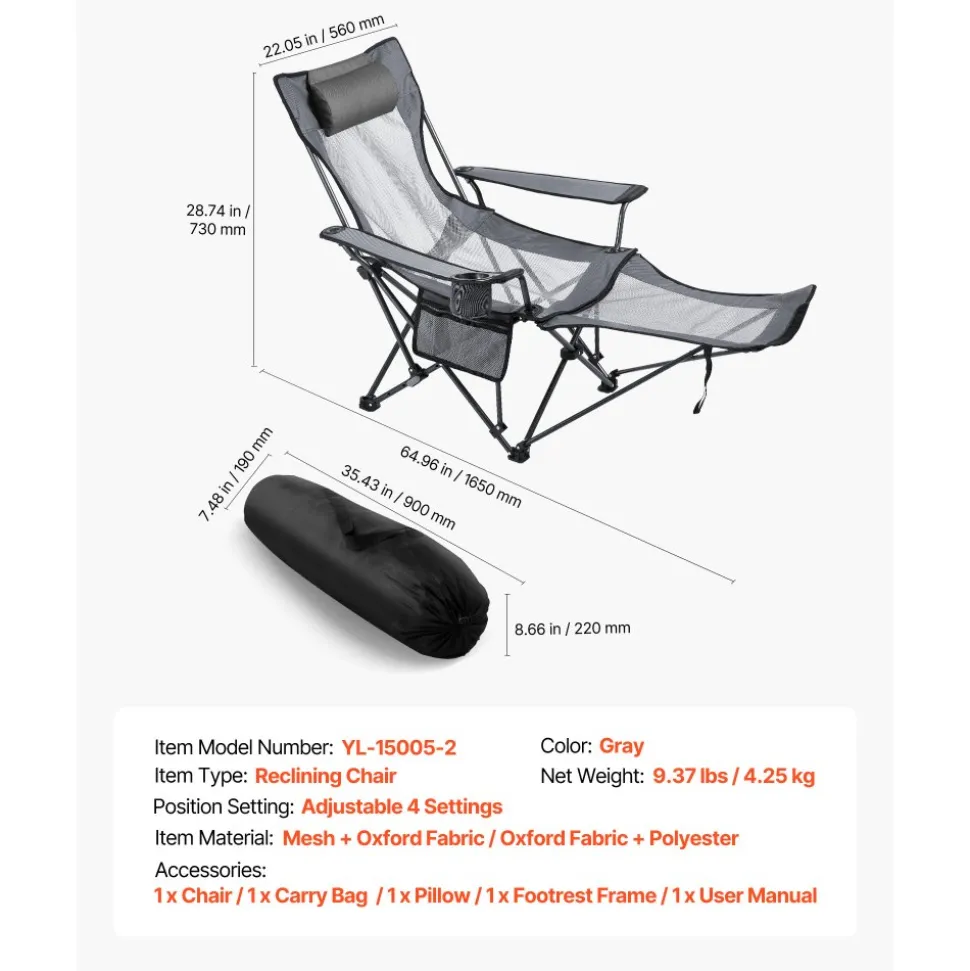 VEVOR Reclining Camping Chair, 4 Adjustable Positions, Portable Folding Lounger for Adults, Mesh Beach Chair with Headrest & Foot Rest, Supports 220 lbs, Heavy Duty Camp Chairs for Patio, Gray