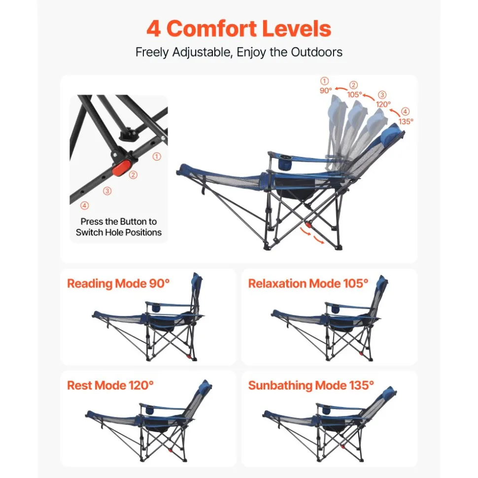 VEVOR Reclining Camping Chair, 4 Adjustable Positions, Portable Folding Lounger for Adults, Mesh Beach Chair with Headrest & Foot Rest, Supports 220 lbs, Heavy Duty Camp Chairs for Patio, Blue