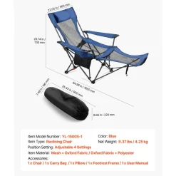 VEVOR Reclining Camping Chair, 4 Adjustable Positions, Portable Folding Lounger for Adults, Mesh Beach Chair with Headrest & Foot Rest, Supports 220 lbs, Heavy Duty Camp Chairs for Patio, Blue