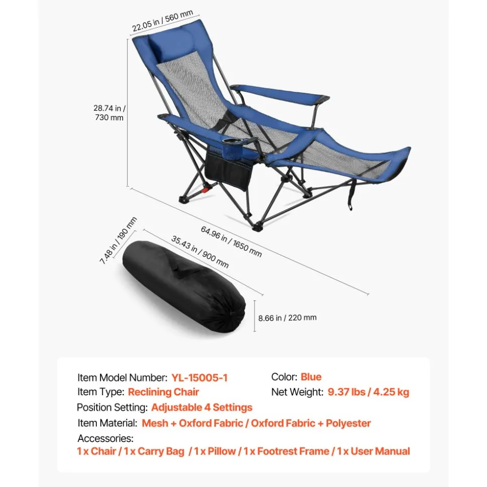 VEVOR Reclining Camping Chair, 4 Adjustable Positions, Portable Folding Lounger for Adults, Mesh Beach Chair with Headrest & Foot Rest, Supports 220 lbs, Heavy Duty Camp Chairs for Patio, Blue