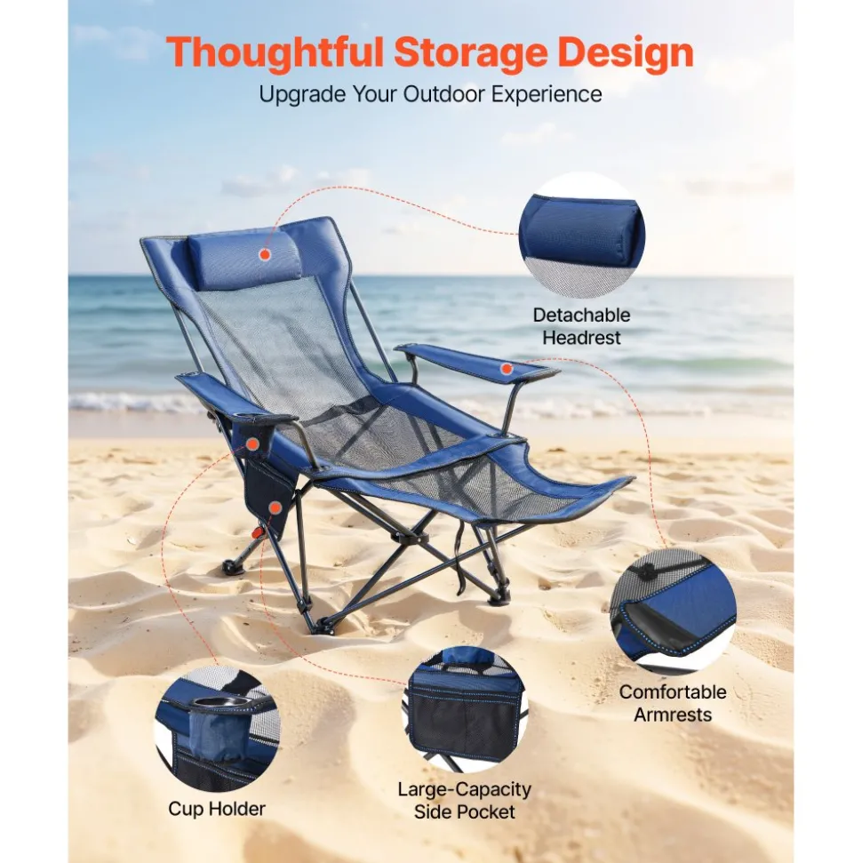 VEVOR Reclining Camping Chair, 4 Adjustable Positions, Portable Folding Lounger for Adults, Mesh Beach Chair with Headrest & Foot Rest, Supports 220 lbs, Heavy Duty Camp Chairs for Patio, Blue